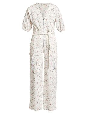 LoveShackFancy Cream Floral Utility Jumpsuit with Pink Print